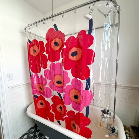 Marimekko Maija Isola Unikko Red Orange Pink Poppy Flowers PVC Shower Curtain - Picture 7 of 10